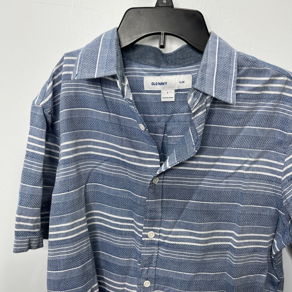 Old navy blue white stripe classic summer short sleeve button down top - Picture 2 of 5